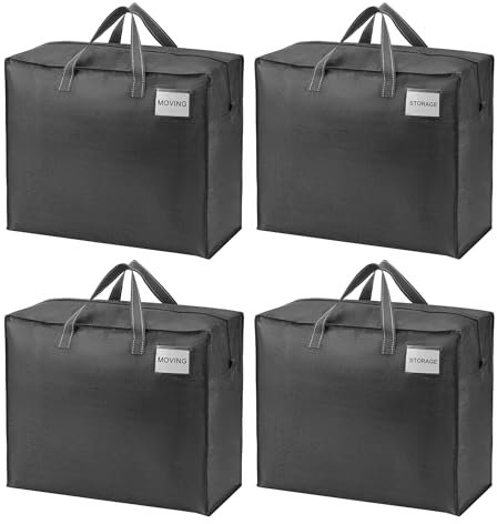 VENO 84 Liter Extra Groß Aufbewahrungstasche mit starke Griffe und Reißverschlüssen für Umzug, Camping, Kleideraufbewahrung, Reisetasche, Unterbett Aufbewahrungsbox (M Schwarz - 4-er Set)