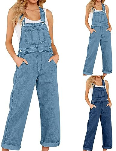 Womens Denim Jumpsuit UK Clearance Long Playsuit with Pocket Ladies Sleeveless Dungarees Summer Jeans Playsuit Casual Romper Adjustable Straps Overalls Loose Romper Baggy Bodycon Jumpsuits