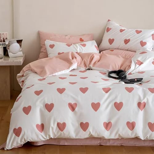 Michorinee Housse de Couette Cœur 220x240 Rose avec 2 Taies d'oreiller 65x65 cm - Parure de Lit Rose et Blanc en Microfibre - Linge de Lit 2 Personnes Adulte avec Fermeture Éclair