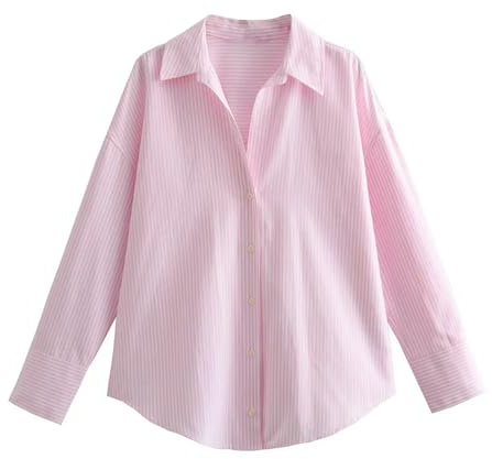 Chemise Oxford à Rayures en Coton, Nouveau Style de vêtements pour Femmes, Ample et Polyvalente, Rose Clair, L