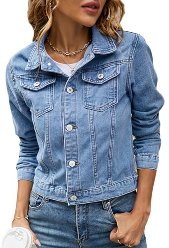 Momuk Denim Jacket for Women Button Up Solid Vintage Color Basic Long Sleeve Boyfriend Denim Jacket Coat