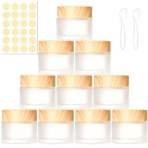 PIWOSGOL 10 Pcs Pots Cosmétique Vide en Verre, 30ML Pots Creme Vide, Conteneurs Cosmétiques Pot Échantillon, Contenant Échantillon Voyage avec Autocollants & Spatule, pour Crème Lotion Maquillage