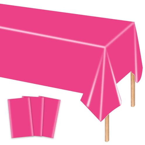 MORAINJAY 3 pièces Nappe Rose Fuchsia Anniversaire, 137x274 cm, Nappe Plastique Rectangulaire, Idéale pour Anniversaire, Fête Fille, Décoration de Table