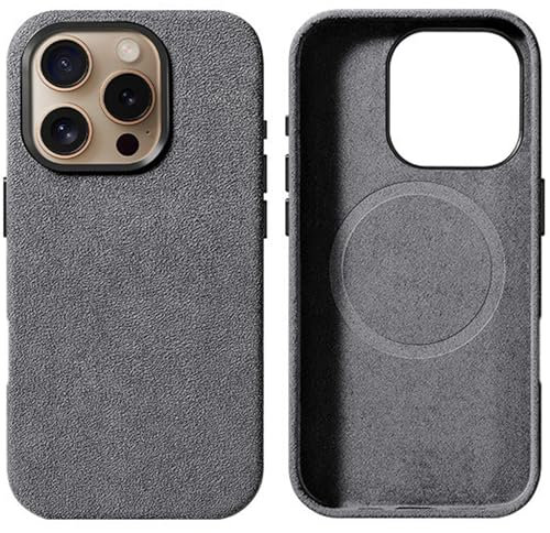 GAZIXCUN Alcantara-Wildlederhülle für iPhone 16/16 Plus/16 Pro/16 Pro Max, Komplett Umwickeltes Echtes Italienisches Wildleder, Kompatibel mit Magsafe, rutschfeste, Atmungsaktive Hülle,Gray,16