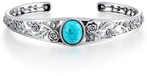 DOLIOX Bracelet jonc vintage turquoise avec fleur de rose en argent sterling, style bohème, bracelet réglable pour femme, convient pour les femmes de 6,5 à 7,5 pouces