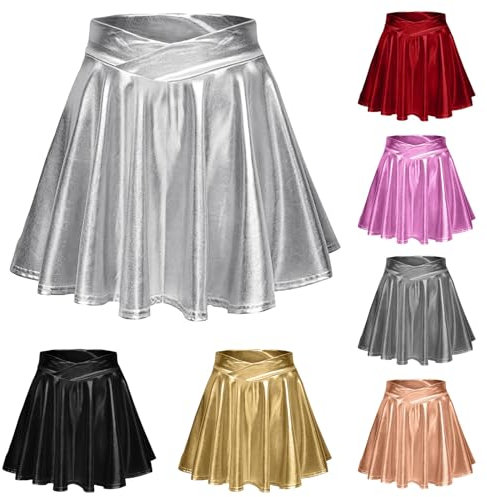 Hanraz Rock Rot Damen, Metallic Rock Damen Disco Sexy Lack Lederrock Faltenrock Hohe Taille Swing Elastische Glitzerrock Minirock Für Karneval Faschingskostüme