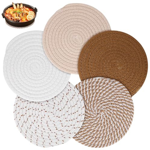 OUZHOU 5 Stück Topfuntersetzer Set, Runde Topfuntersetzer Hitzebeständig Baumwolle Faden Weben Matte, Untersetzer Topf Saugfähig Pfannenuntersetzer für Küche Schüssel Topf Pfannen Kanne Und Teller