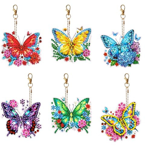 Zamety 6 Stück Diamond Painting Schlüsselanhänger Diamond Painting Schmetterling Set 5D Diamant Painting Bilder Kinder Bastelset Erwachsene DIY Geschenke Diamant Malerei Anhänger für Tasche Rucksack