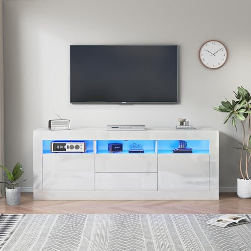 Merax Meuble TV à LED blanc brillant avec commande par application, Bluetooth, 3 compartiments ouverts, 2 portes, 2 tiroirs, push-to-open, pour téléviseur jusqu'à 70, 160 x 35 x 60 cm