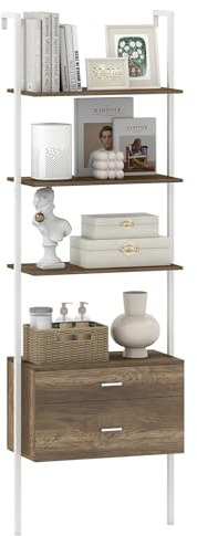 GIANTEX Leiterregal mit 4 offenen Ablagen & 2 Schubladen, 184 cm Bücherregal platzsparend, Standregal für Wohnzimmer, Arbeitszimmer & Büro, 60 x 30 x 184 cm (Weiß)