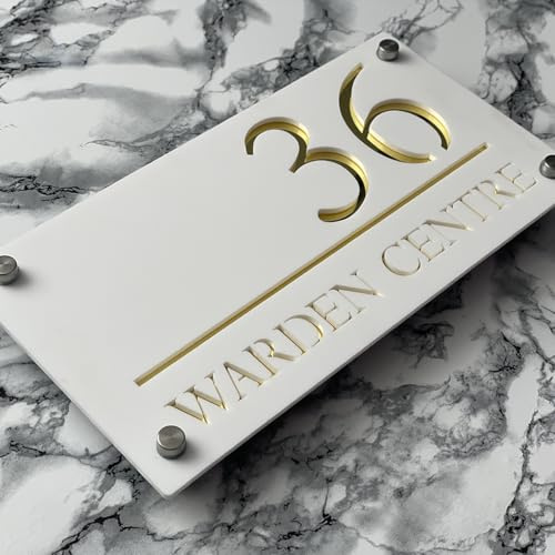 House Numbers Plaques Door Signs For Outside Personalised Door Numbers Custom Name Sign Home 3D Door Street Address Plate (White and Gold Text)