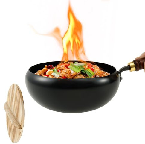 TNTGMG Wok, wok de hierro hecho a mano con tapa de madera, base redonda Pow Wok para asar, barbacoa, barbacoa y camping, sartén multiusos sin recubrimiento químico para todas las cocinas (28 x 24 x 15