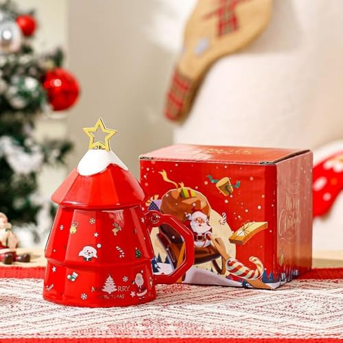 Huiyiwert Porzellan Weinachtsbecher mit Deckel und Rührstab Lustige 3D Weihnachtsbaum Form Kaffeetasse Weihnachtsmotiv Milchbecher Weihnachtstasse Geschenk für Weihnachten Nuejahr (Rot)