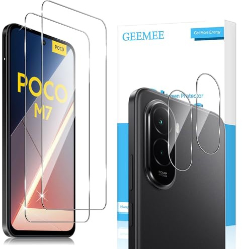 GEEMEE 2+2 Piezas para Xiaomi Poco M7 4G Protector de Pantalla + Protector de Lente de cámara, 9H Cristal Templado Película Vidrio Templado, HD Instalación Rápida Glass Screen Protector