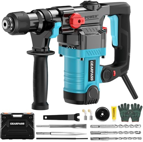 GEARPASS Hammer Drill, 1500W Heavy Duty Electric Rotary Hammer Drill, 3 in 1 Function with Safety Clutch, 360° Auxiliary Handle, for Concrete, Masonry, Brick, Drill Bits, Flat/Point Chisels Included