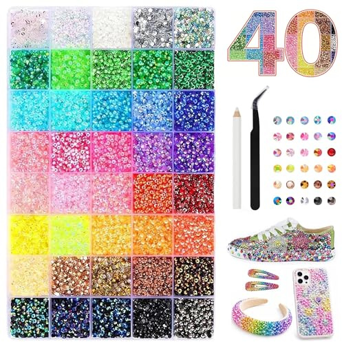 32,000 Pcs Bedazzling Kit, 40 Colours AB Jelly Flatback Resin Rhinestones | Includes picking pen & tweezers. DIY crystal gems for nail art, clothes & shoes.
