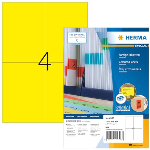 HERMA 4396 Farbige Etiketten gelb, 100 Blatt, 105 x 148 mm, 4 pro A4 Bogen, 400 Stück, selbstklebend, bedruckbar, matt, blanko Papier Farbetiketten Aufkleber