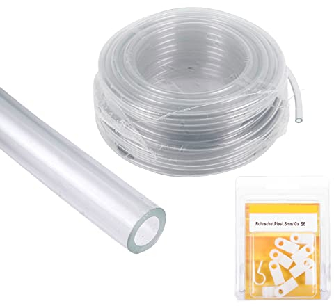 Wasserschlauch Set, 5 Meter Wasserleitung transparent klar 8 mm + 10 Schlauchschellen, zur Wasserinstallation, Wohnwagen & Wohnmobil