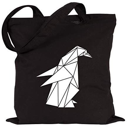 JUNIWORDS Jutebeutel - Wähle ein Motiv & Farbe - Origami Pinguin (Beutel: Schwarz, Motiv: Weiß)