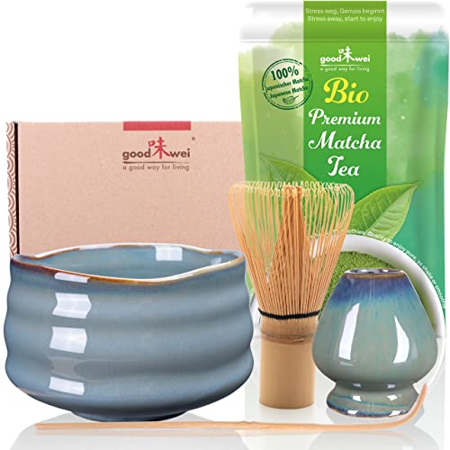 Goodwei BIO Matcha aus Japan im Matcha-Set komplett mit hochwertiger Matcha Schale aus Keramik, Matcha Besen und Besenhalter | Geschenkset für Teezeremonie (Menouseki)
