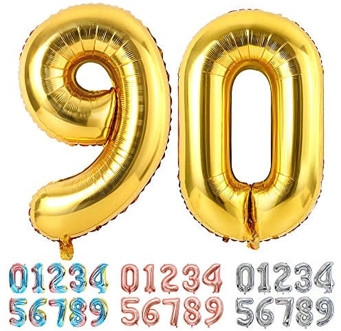 Ponmoo Luftballons Zahlen 90 Gold, Riesen Nummer 0 1 2 3 4 5 6 7 8 9 10-19 20-29 30-39 40 50 60 70 80 90 100, groß Folienballons für Hochzeit Jubiläum, Geburtstagsballons Party Dekoration