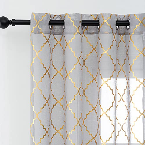 Kotile Graue und goldene Vorhänge, 228 cm, metallisches Gold, geometrische marokkanische Fliesen, graue Voile-Vorhänge für Wohnzimmer, Ösenoberseite, marineblau, goldfarben, 117,8 x 228,6 cm, 2