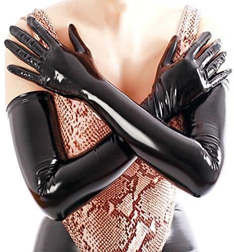 Ftshist Damen Glänzende Lange Handschuhe Kunstleder Wetlook Armlänge Handschuhe für Damen, Schwarz, 28'' M
