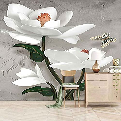FVGKYS Wandbilder Schlafzimmer Erwachsene Kinder Tapete Plakate 3D Schmetterling Weiße Blumen Selbstklebend Wandgemälde Wandtattoo Kunst Dekoration Für Wohnzimmer Küche Wanddekoration 350x256cm