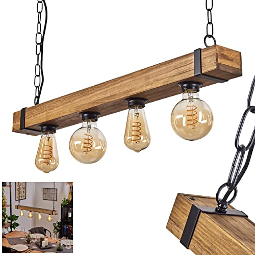 HOFSTEIN Pendelleuchte Montgomery, Hängelampe aus Metall/Holz in Schwarz/Natur, verstellbare Hängeleuchte mit Holzstab u. Ketten-Gliedern, Höhe max. 123cm, 4-flammig, E27, Esszimmer, Wohnzimmer, Küche