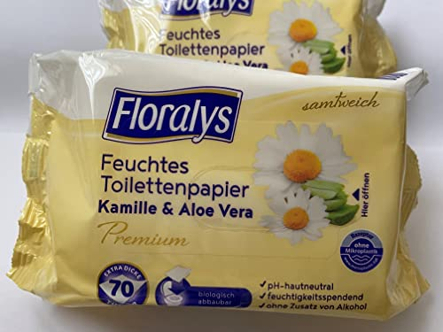 Floralys Papier toilette humide de qualité supérieure - Camomille et aloe vera - 8 x 70 lingettes