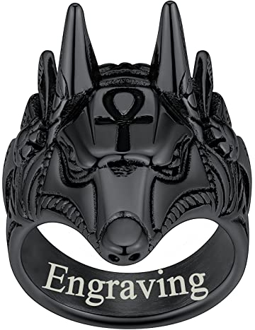 FaithHeart Ägypten Gottes Anubis Fingerring in Größe 64.6 schwarz Ankh Kreuz Ring mit Gravur für Freunden Ehemann Jungen