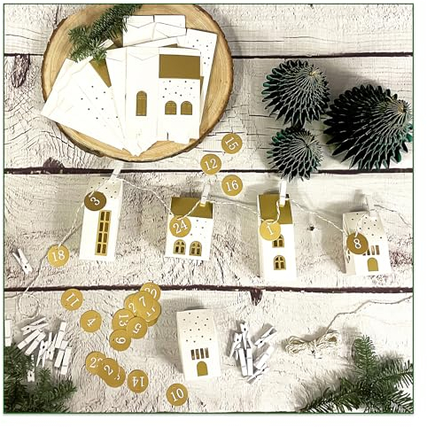 Oblique Unique® Adventskalender Deko Set Häuschen Schachteln Boxen Häuser 3D Tannenbäume als DIY Dekoration Geschenkverpackung Deko für Weihnachten