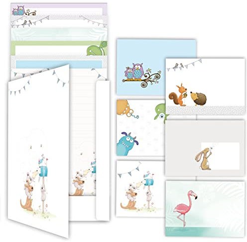 Briefpapier Set von emufarm POST FÜR DICH 6 x 5 Blatt DIN A4 inklusive 6 x 5 dazu passenden Umschlägen sowie einer passenden Mappe/Briefpapier für Kinder