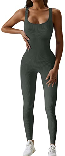 JN JANPRINT Jumpsuit Damen Kuschelig Sport Overall Eng Workout Bodysuit One Piece Tank Tops Strampler Gerippte Jumpsuits Sportanzug Einteiliger(OlivGrün,S)