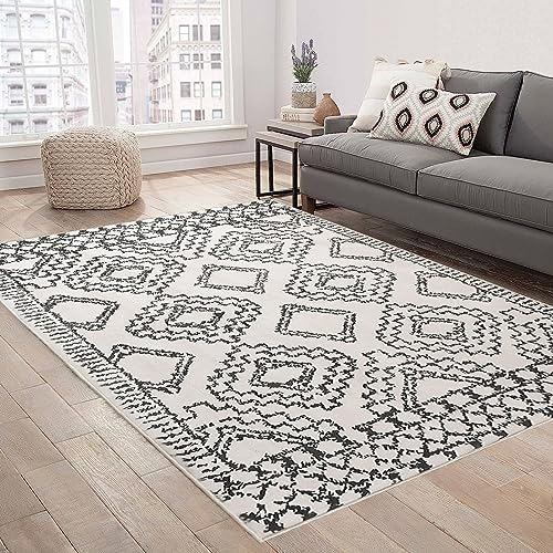 Leesentec Teppich Wonzimmer Teppiche Schoafzimmer Teppich Geermetrische Moderner Absttakter Teppiche Anti-Rutsch-Teppich Kurzfloriger Beige Teppich Große Weiß Teppiche (Elfenbein/Schwarz, 160*200cm)