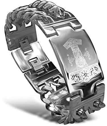 bahamut Mens Viking Odin Gungnir Mjolnir Stainless Steel Cool Cuban Chain Link Bracelet for Men,Norse Cuff Wristband Jewelry (Silver Mjolnir)