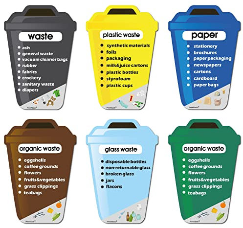PrintAttack P038 Mülltrennung Aufkleber Set Deutsch oder Englisch für Mülltonne Vinyl Verschiedene Größen Kratz, Wetter UV-Schutz Plastik Glas Papier Restmüll Bio (V4_6er Set XXL Englisch)