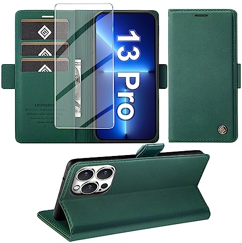 Giyer Handyhülle für iPhone 13 Pro Hülle mit Displayschutzfolie, Leder Wallet Kartenfach Ständer Tasche Schutzhülle für iPhone 13 Pro 5G Flip Case Kameraschutz Bumper Vollschutz Klapphülle (Grün)