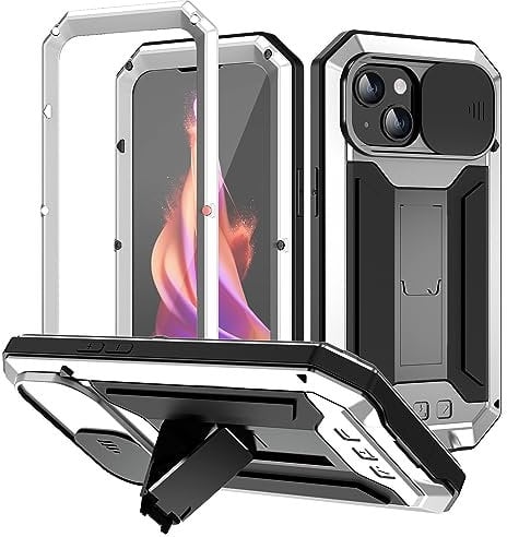 Amulent Case for iPhone 15 Metal Case Silver Lens Protection Kickstand Cases Heavy Duty Shockproof Gorilla Protective Cover with Built-in Screen Camera Protector Phone Cover for iPhone 15