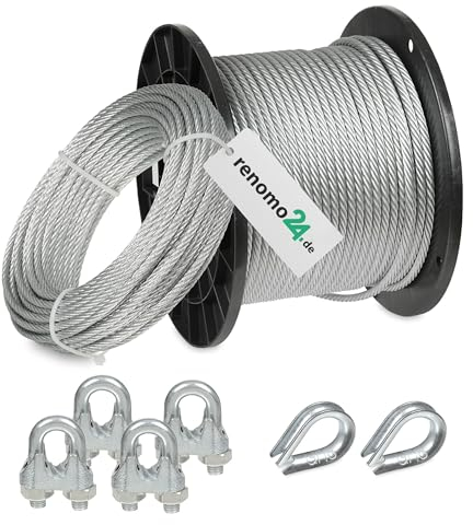 Renomo24 Drahtseil Set 1 - Stahlseil 100m 8mm 6x19 verzinkt, 4x Bügelklemmen, 2x Kauschen