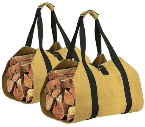 Lckaey Kaminholz-Tragetasche mit Griffen, Segeltuch-Holzhalter für Kamin, Campingkocher, Tragetasche, Zubehör, Outdoor, 2 Stück, CH001-gelb