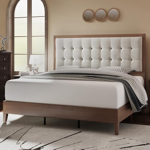 Jocisland Solid Wood Queen Bed Frame, 50 Tall Upholstered Headboard,Walnut