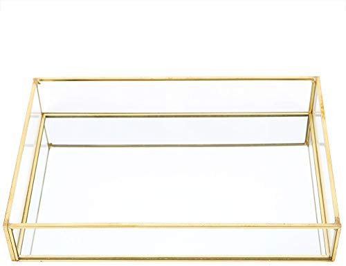 Jwthee Gold Boxes Decor, Glass Box with Gold Trim Glass Decorative Boxes Jewelry Glass Clear Boxes Wedding Keepsake Box Gold Tray Jewelry Cosmetics Display Boxes Vintage Desk Decor(L)