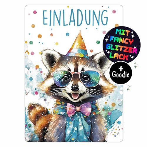 CALLUNA® Waschbär GLITZER Einladungskarten Kindergeburtstag Mädchen & Junge – 12 Stück – Witzige Waschbär Geburtstag Einladungen mit buntem Glitzerlack – Einladung für Kinder & Teenager (ohne Hüllen)