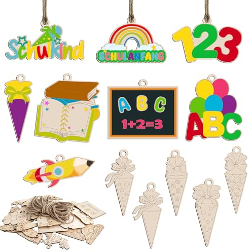 UTEFIF Schulkind Einschulung Geschenk，39pcs Holz Einschulung Bastelset，Zuckertüten zum Bemalen Schulanfang Holzbastelset Schuleinführung Kreativsets für Jungen Mädchen Schultag