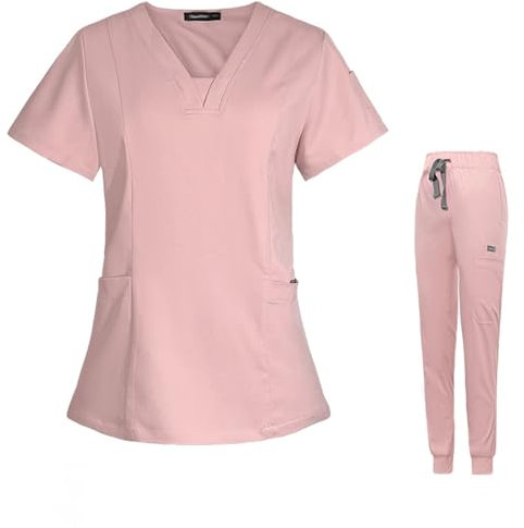 Meichoon Scrubs für Frauen Set Sweet V-Neck Top mit 3 Taschen Stretch Yoga Jogging Hose Soft Moisture Wicking DK08 Pink X-Small