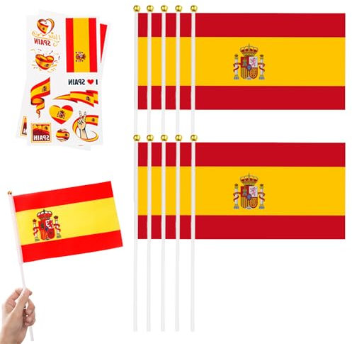 Lot de 10 petits drapeaux sur bâtons et 2 tatouages temporaires, mini drapeaux sur bâtons pour football européen 2024, événements sportifs, décorations de fête (Espagne)