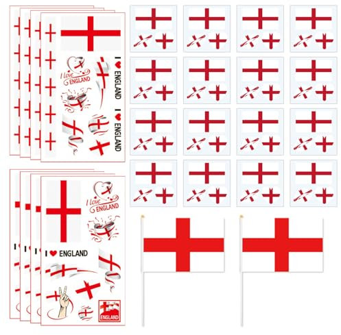 8 England Flag Tattoo Stickers, 16 Face Stickers, 2 Hand-Cranked Flags, Children's Football Tattoos, Fan Tattoo Stickers, Football Party Decorations