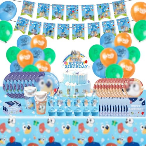 Dekewe 86 PCS Blue Dog Birthday Decorations, Party Supplies, Kids Party Tableware Set with Plates Cups Napkins Birthday Banner Cake Topper Tablecloth Balloons