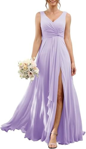YIANN Vestido de dama de honor de gasa para mujer con abertura para boda, fiesta, plisado, cuello en V, vestido largo formal de noche, Lila, 40